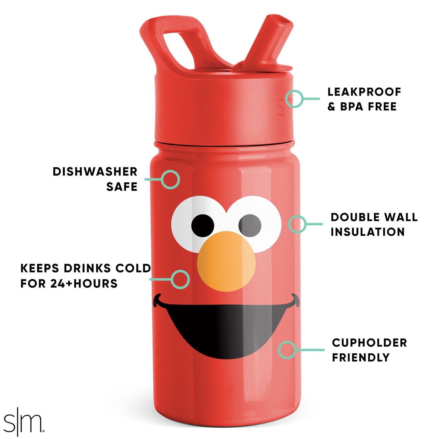 Simple Modern Sesame Street Elmo Kids Water Bottle with Straw Lid | Reusable Insulated Stainless Steel Cup for Toddlers, School | Summit Collection | 14oz, Elmo Big Face