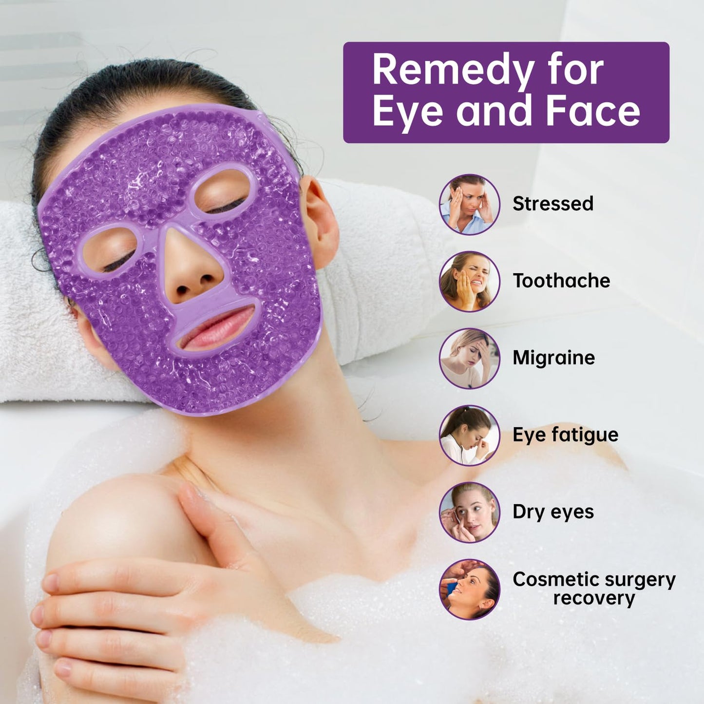 Ice Pack Face Eye Mask for Dark Circles and Puffiness,Gel Cold Cooling Face Mask for Migraines, Headache, Stress and Relaxation (Purple)