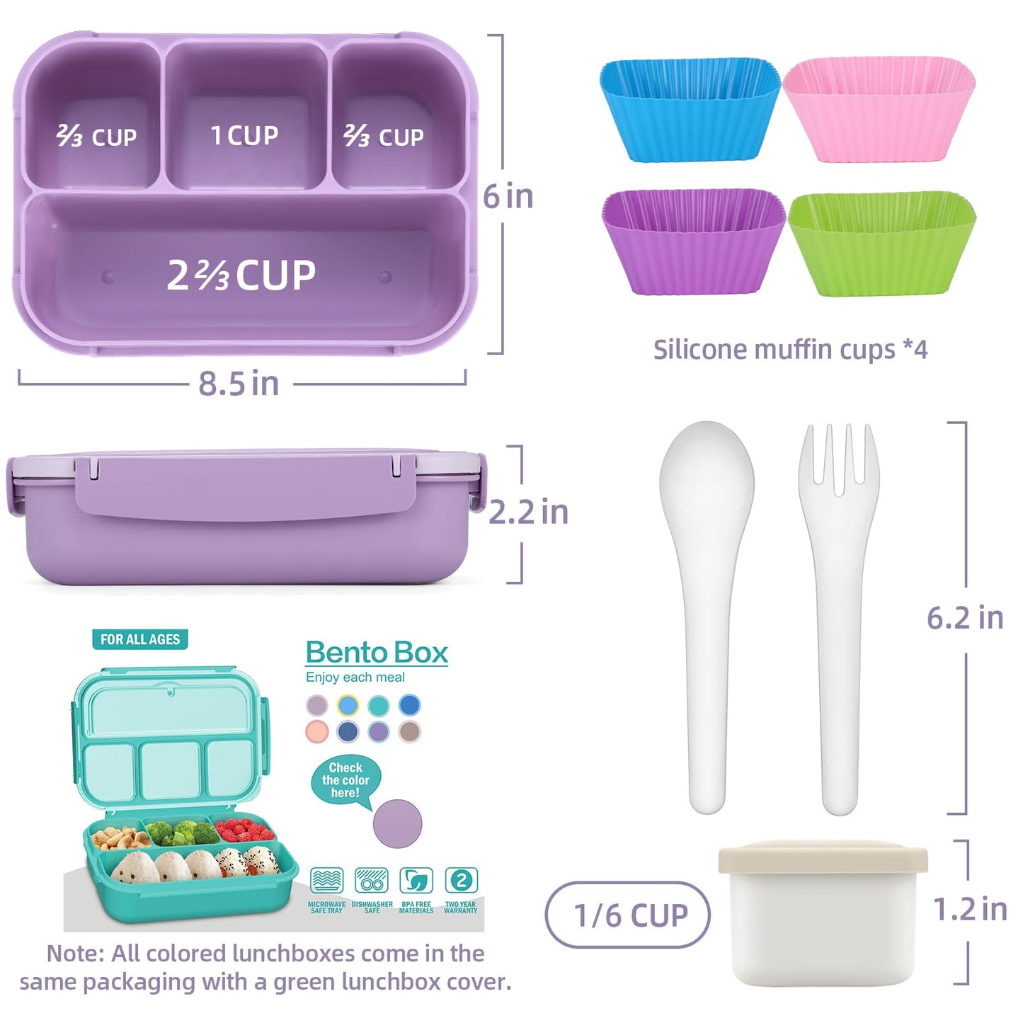 QQKO Bento Box Adult Lunch Box, Lunch Containers for Adults Men Women, Kids Lunch Boxes for School with 4 Compartments, Sauce Container, Utensils and Muffin Cups, Purple