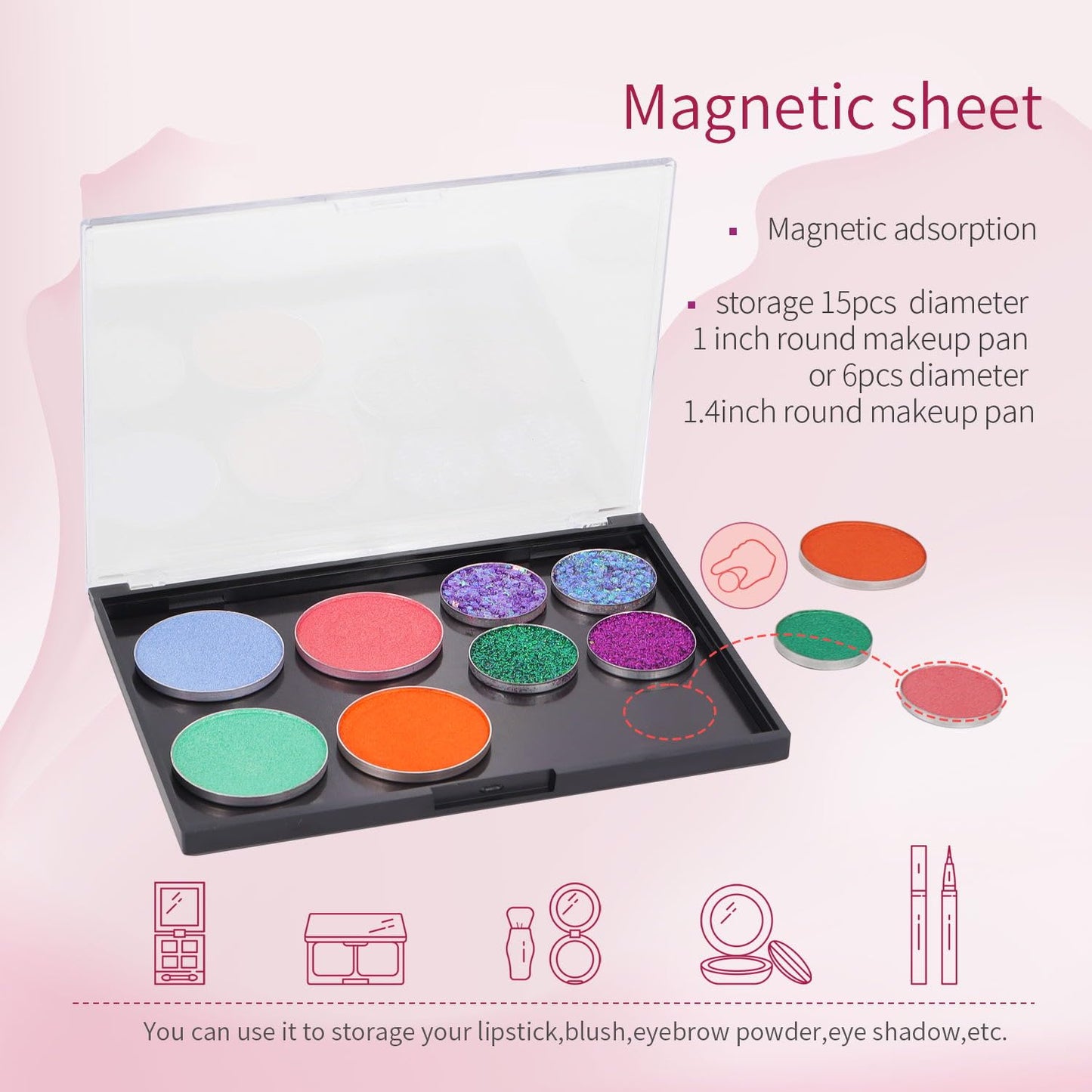 AJLTPA Magnetic Makeup Palette with Clear Top, 3Pack Empty Eyeshadow Pan Dispensing Storage Box with 60Pcs Adhesive Metal Stickers for DIY Cosmetics Lipstick Blush Powder-5.7"x4.3"Palette