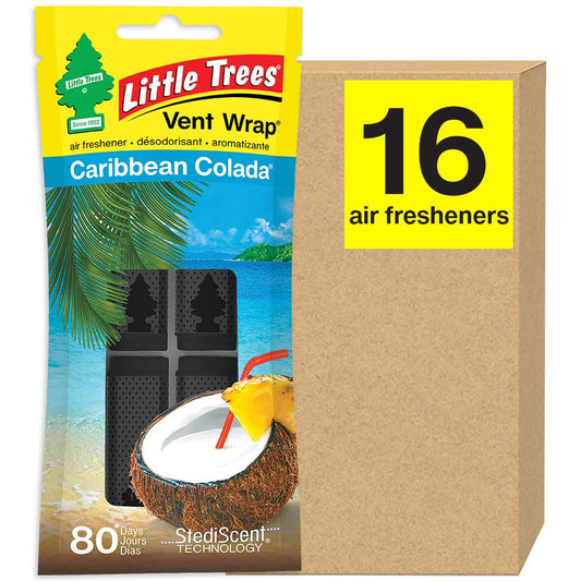 LITTLE TREES Car Air Freshener. Vent Wrap Provides Long-Lasting Scent, Slip on Vent Blade. Caribbean Colada, 16 Air Fresheners, 4 Count (Pack of 4)