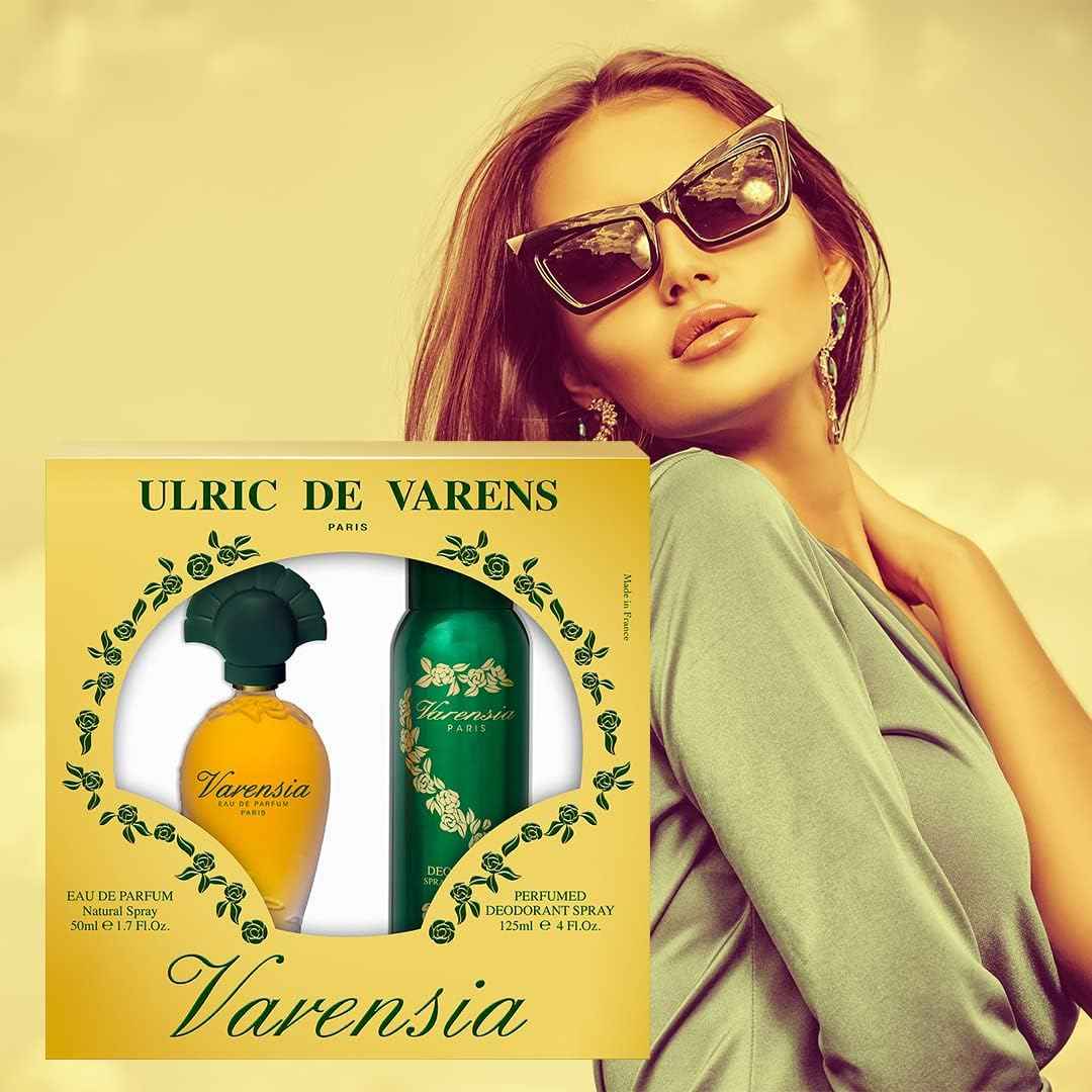 Ulric De Varens VARENSIA - Eau De Parfum for Women 2pcs Set- Earthy, Fruity, Floral Scent - Notes of Lotus Flower, Clove Raspberry, & Vanilla- Fruity & Floral- 1.7 Fl Oz + 4 Fl Oz Deodorant Spray