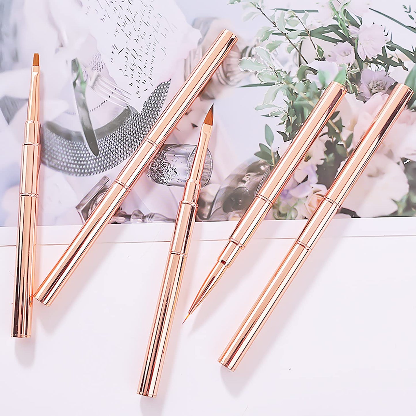 JERCLITY 5pcs Rose Gold Alloy Double-Ended Nail Art Brushes Set Nail Lace Brushes Round Flat Gel Builder Brush Nail Carving Pen Nail Liner Brush 3D Painting Brush Nail Design Tools for Acrylic Nails