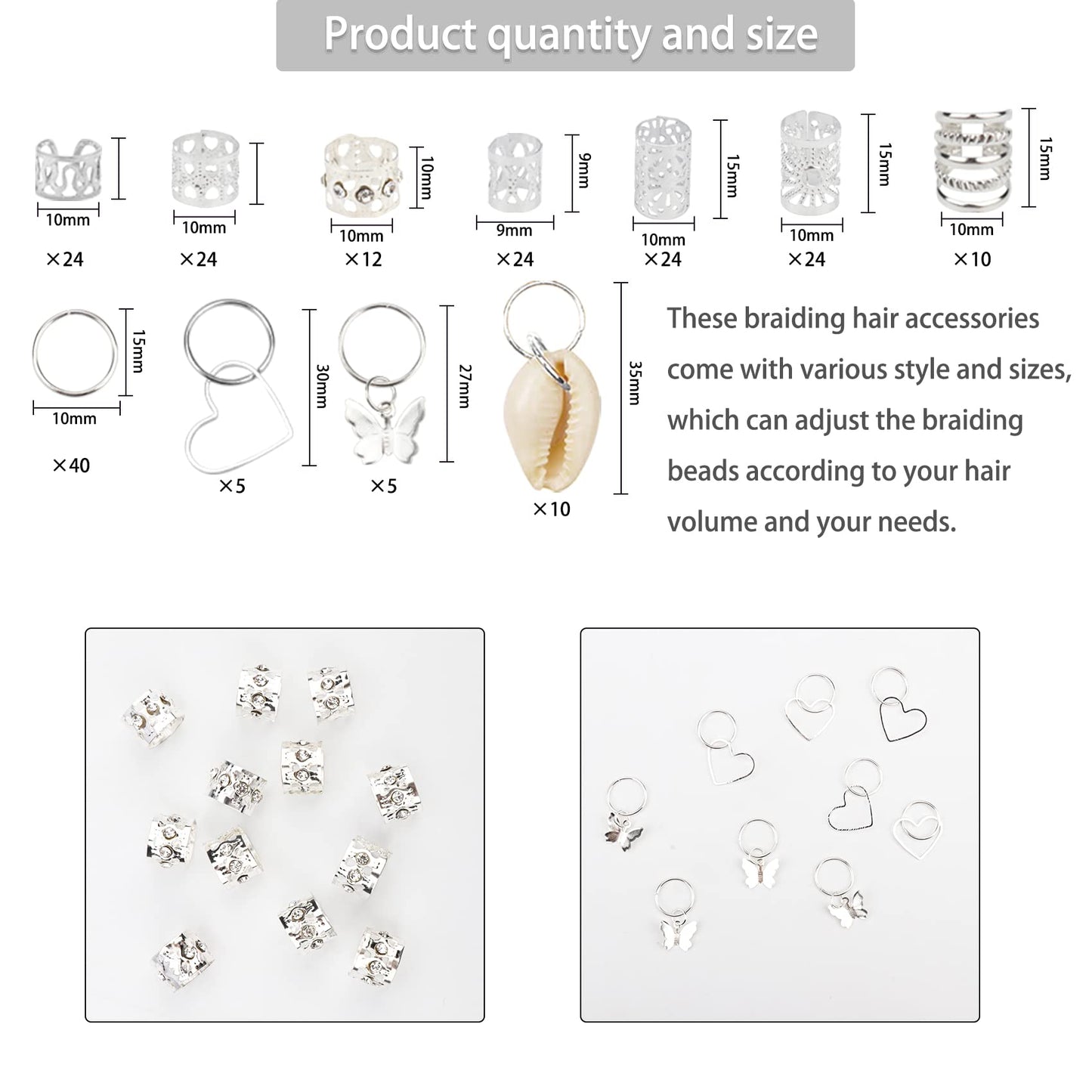 JALANCY 202 Pcs Hair Jewelry for Women Braids, Locs Jewelry Dreadlocks Beads Hair Braid Rings Hair Cuffs Shells Heart Butterfly Hair Pendants Hair Clips for Dreadlock Accessories (Silver)