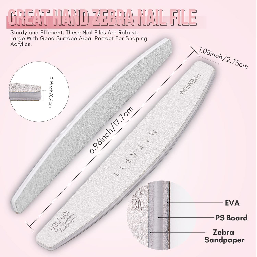 Makartt Nail File: 100/180 Grit Emery Boards for Nails, 10 Pcs Zebra Doubled Sides Coarse Fingernail Filer for Acrylic and Extension Gel Removal Manicure Kit Salon Home Use