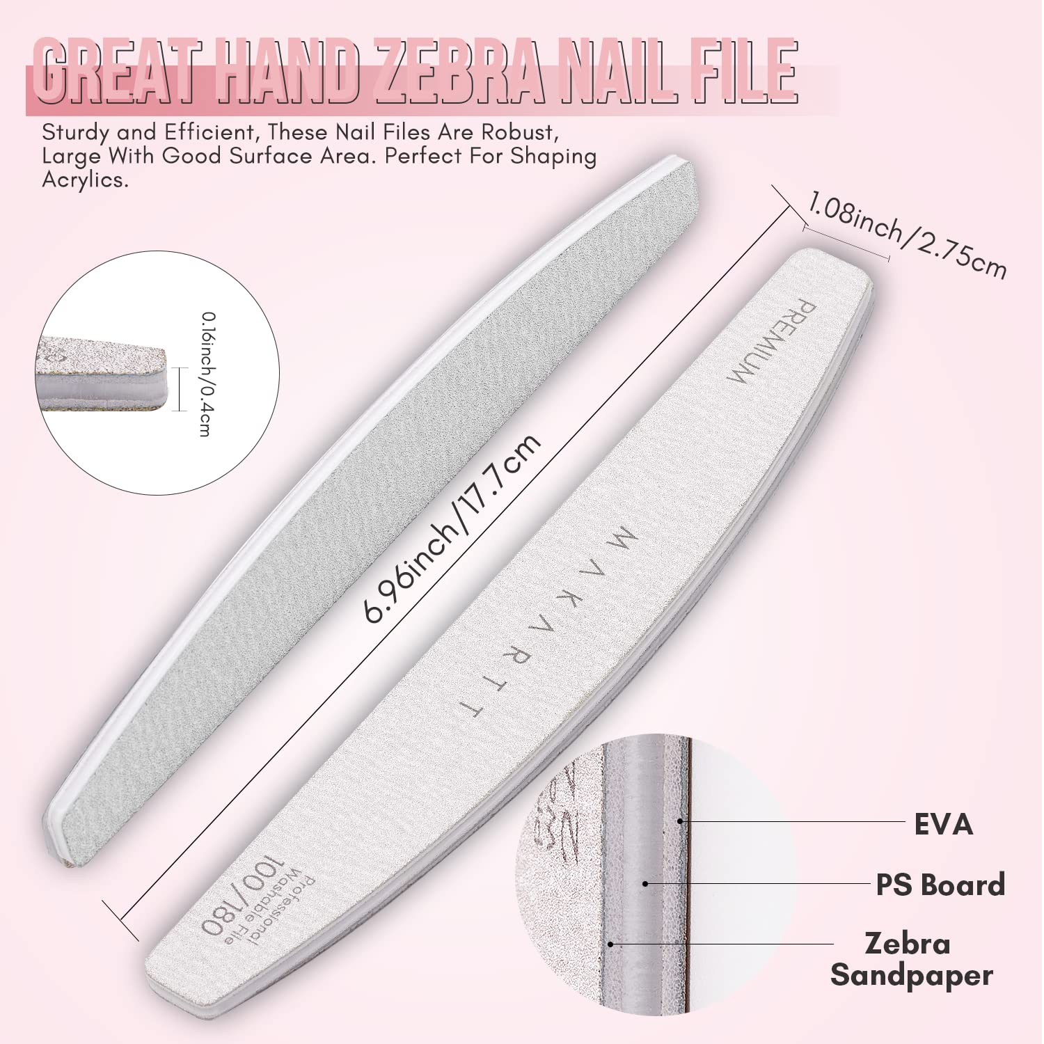 Makartt Nail File: 100/180 Grit Emery Boards for Nails, 10 Pcs Zebra Doubled Sides Coarse Fingernail Filer for Acrylic and Extension Gel Removal Manicure Kit Salon Home Use