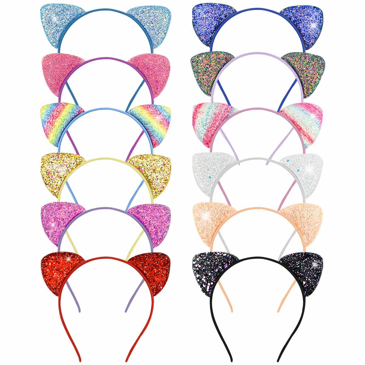 12 Pack Sequin Cat Ears Headband for Girls and Women Glitter Headbands with Cute Ear Hair Accessories for Daily Wearing and Party Decoration Shiny Kitty Hairbands Cat Ear Hair Hoops (Multicolor)