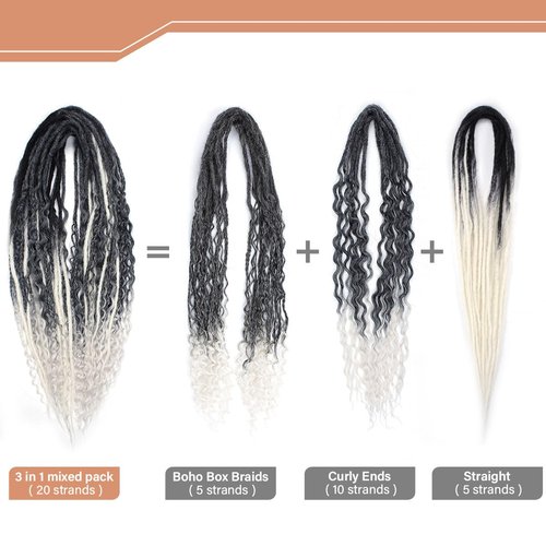 Lounoke 24 Inch Double Ended Dreadlock Extensions Sets, 20 Strands 3 In 1 Mixed Synthetic Dreads Extensions, Gray to White Straight&Curly&Boho Handmade Dreads Hippie Style Dreadlocks for Woman