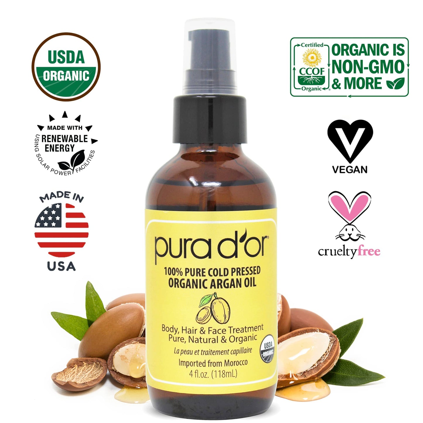 PURA D'OR Organic Moroccan Argan Oil (4oz / 118mL) USDA Certified 100% Pure Cold Pressed Virgin Premium Grade Moisturizer Treatment for Dry, Damaged Skin, Hair, Face, Body, Scalp (Packaging may vary)