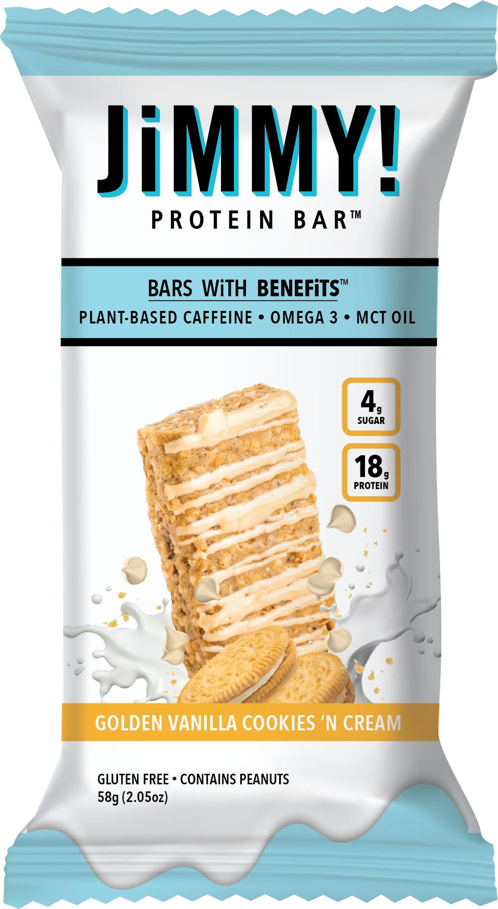 JiMMY'S! Functional Protein Bars - Golden Vanilla Cookies and Cream -12 Count | 18g High Protein, Plant-Based Caffeine & Omega 3, Low Sugar, Gluten-Free, Energy Boosting