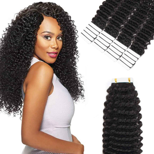 Lovrio Tape in Hair Extensions Human Hair Kinky Curly 50grams 20pcs Double Side Tape ins for Black Women Human Hair 18 inch Natural Black Soft hair Invisibe Curly Tape in Hair Extensions