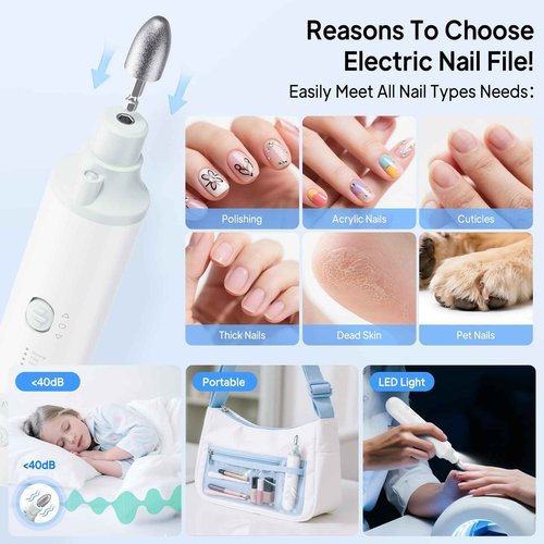 Cordless Nail Drill Electric Nail File: Professional Manicure Pedicure Kit for Acrylic Gel Nails Grind Trim Polish, 5-Speed Brushless Electric Foot Callus Remover ,Nail Tool for Women & Men