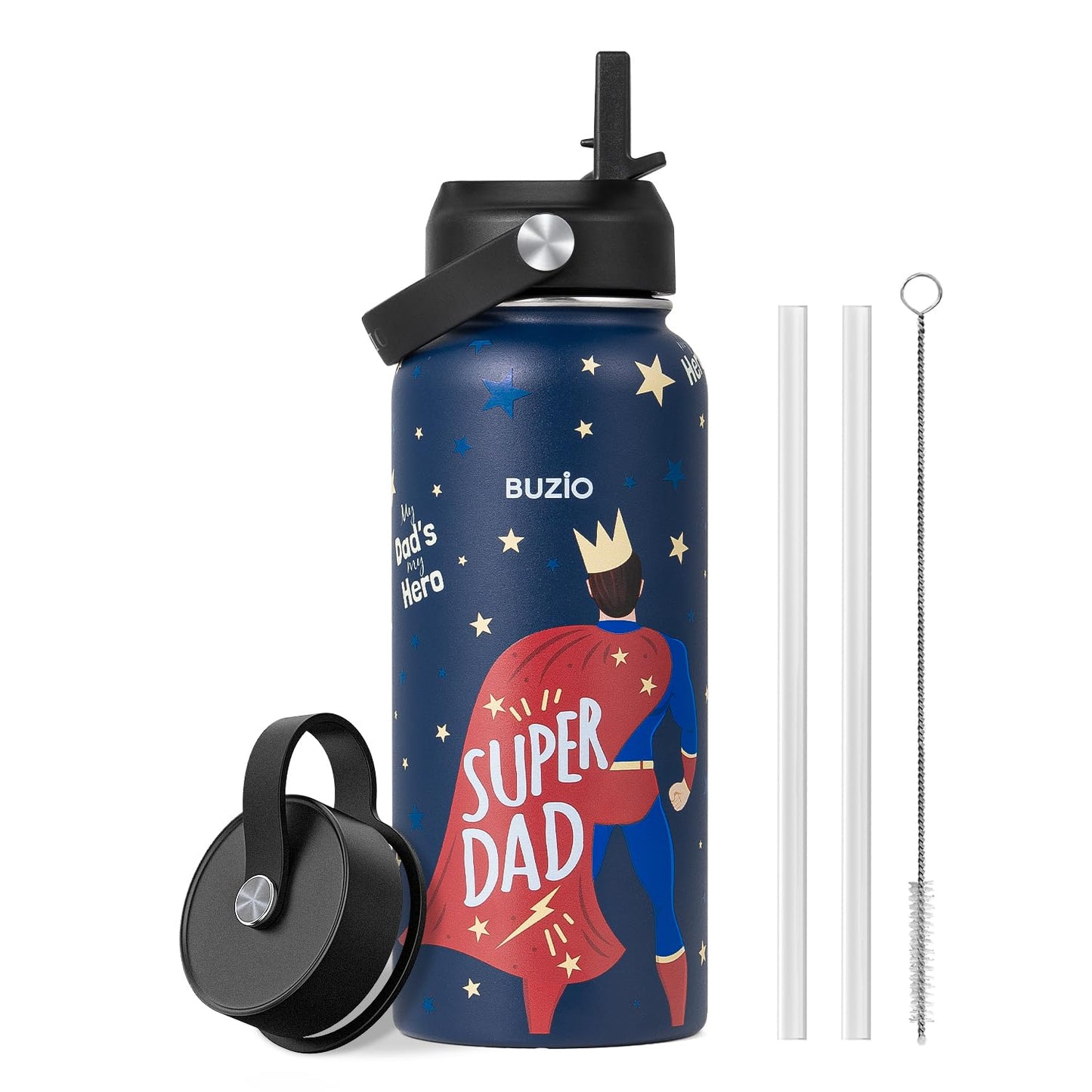 Father's Day Gifts for Dad, Funny Birthday Gift 32oz BUZIO Insulated Water Bottle with Straw Lid Stainless Steel Dad Tumbler from Son, Cold for 48hrs Double Wall Vacuum Thermo Canteen Cup, Hero