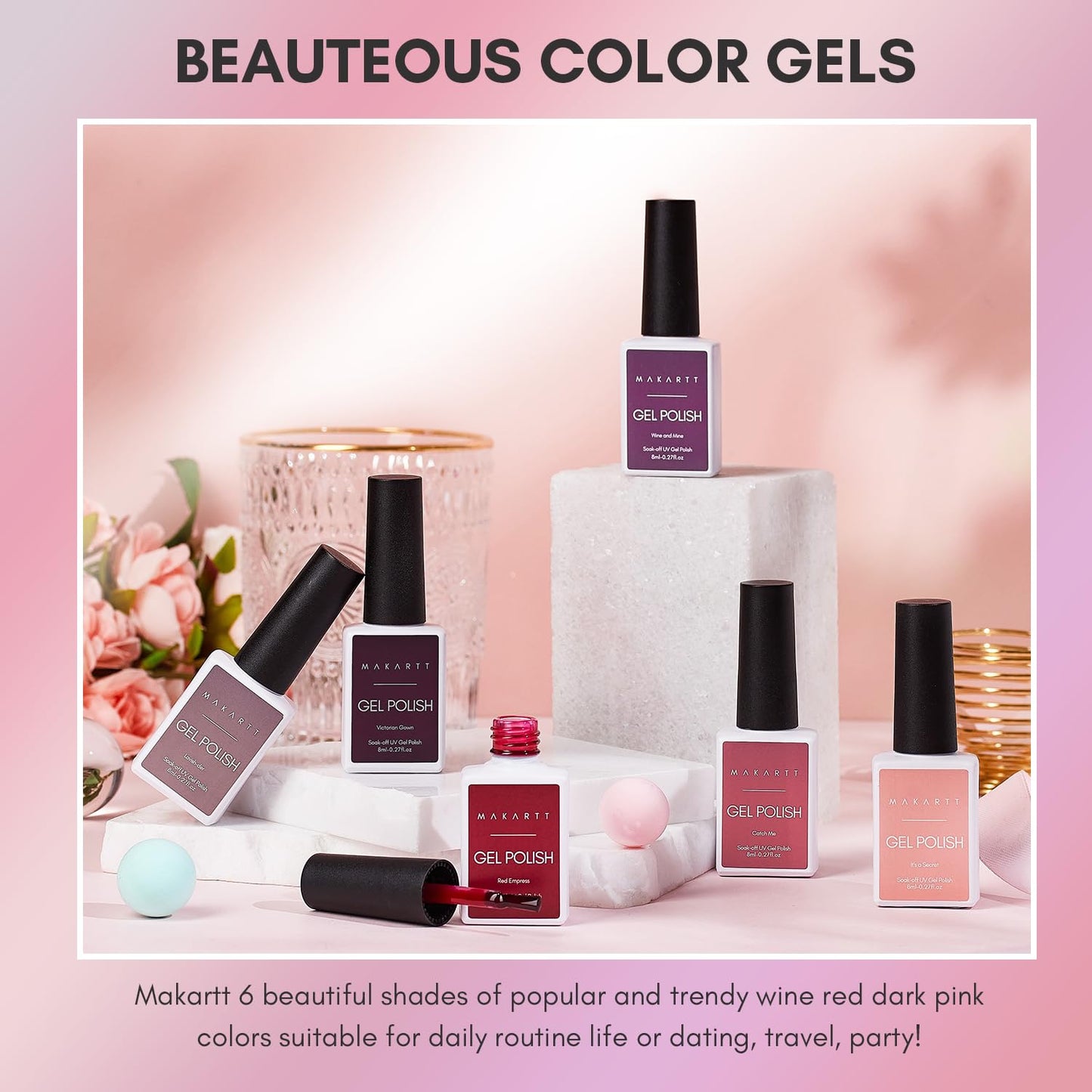 Makartt Gel Nail Polish Kit, 6 Colors Gel Nail Polish Set Pink Wine Red Purple Summer Color Soak Off UV Gel Nail Polish 10ml Nail Polish Gel For Nail Art Salon DIY at Home.