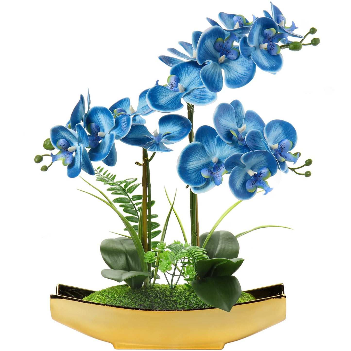 Briful Orchids Artificial Flowers 15" Blue Phalaenopsis Faux Orchid with Gold Pots Fake Orchid Fake Plant for Home Office Bedroom Christmas Table Wedding Party Decor