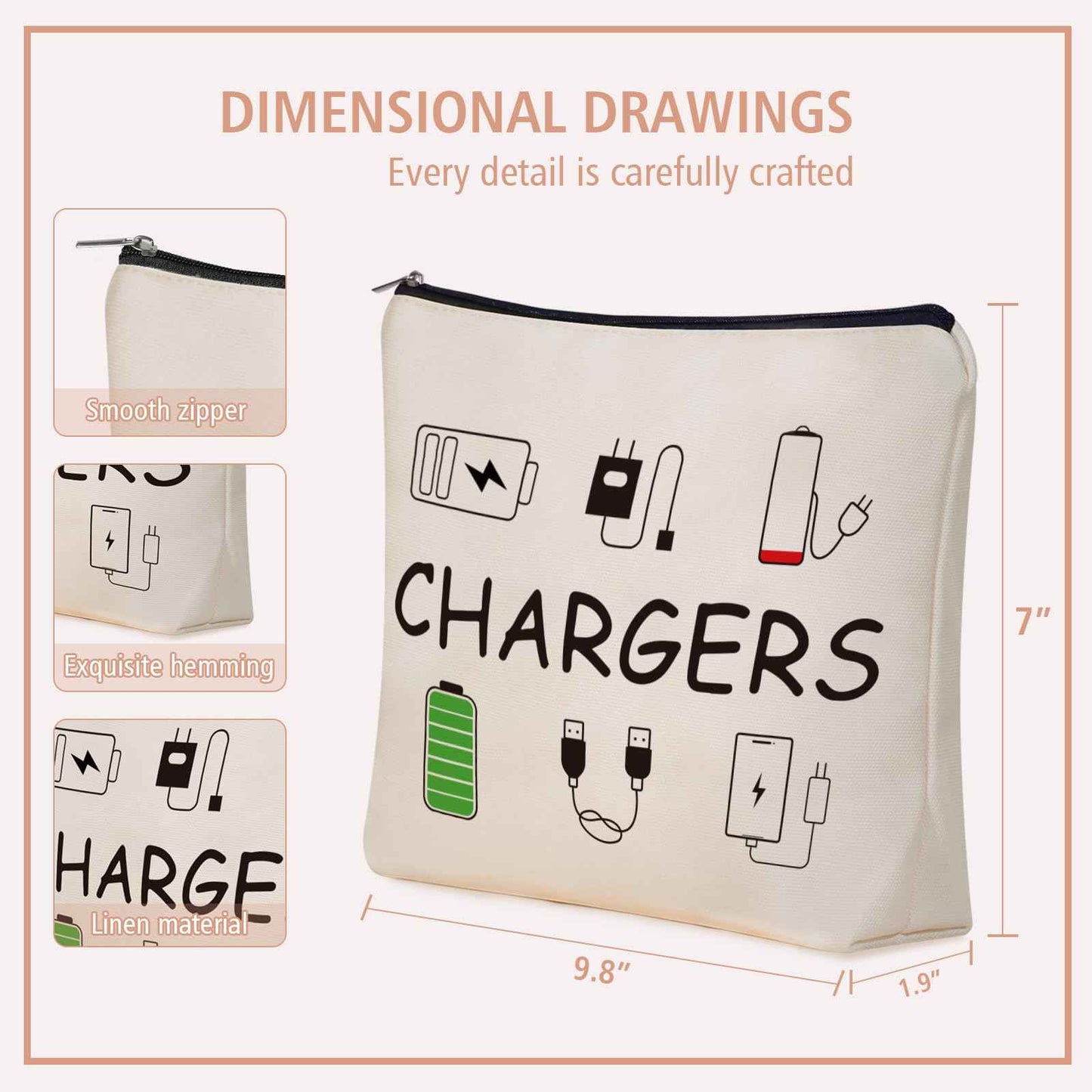 Girlly Charger Makeup Bag: Charging Cord Electronics Accessories Themed Cosmetic & Toiletry Organizer Pouch For Teen Girls & Women.Ideal Gift For Travel, Birthdays, & Christmas.