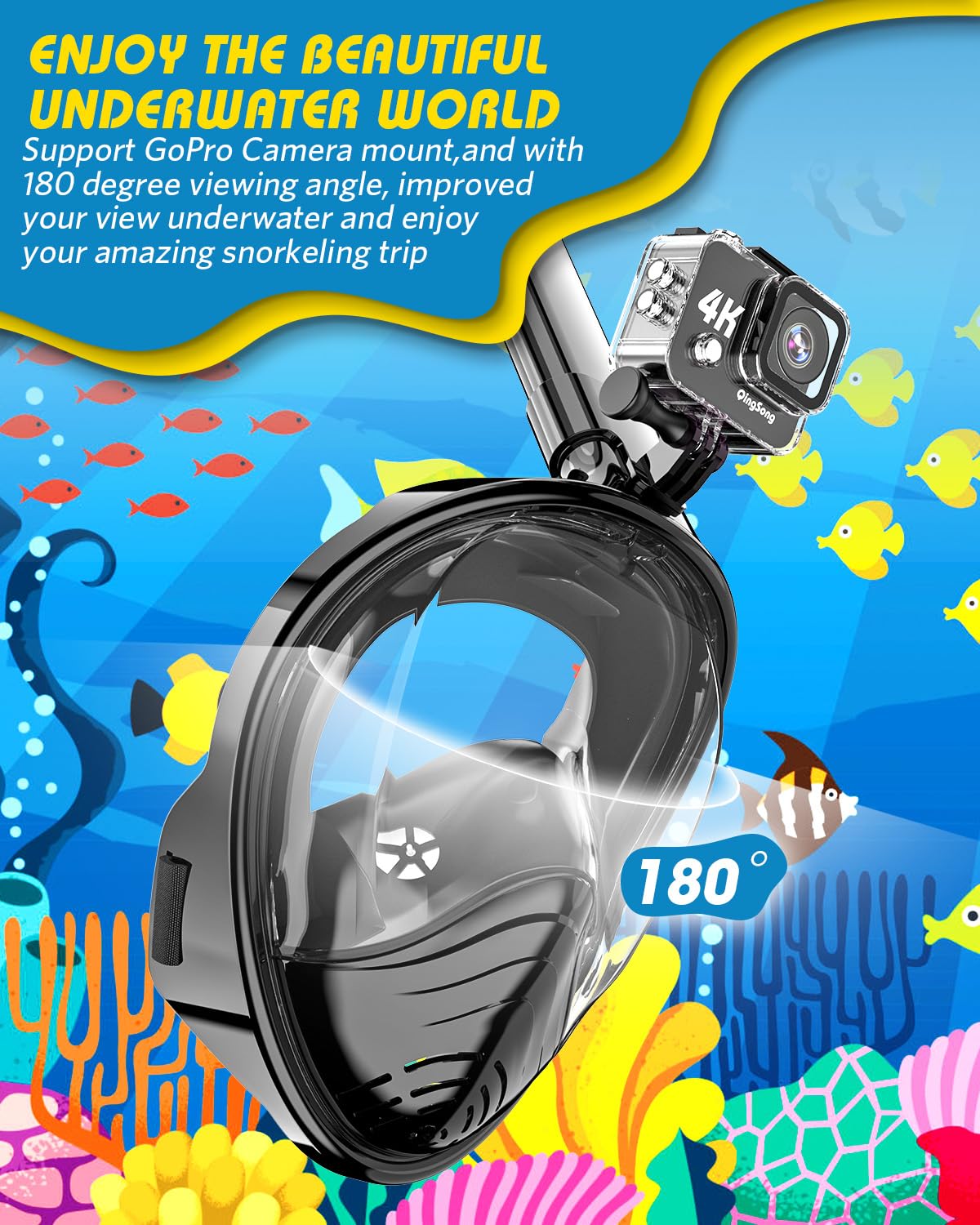 QingSong Kids Snorkel Mask Full Face, Snorkeling Set with Camera Mount, 180 Degree Panoramic View Snorkeling Gear Anti-Fog Anti-Leak