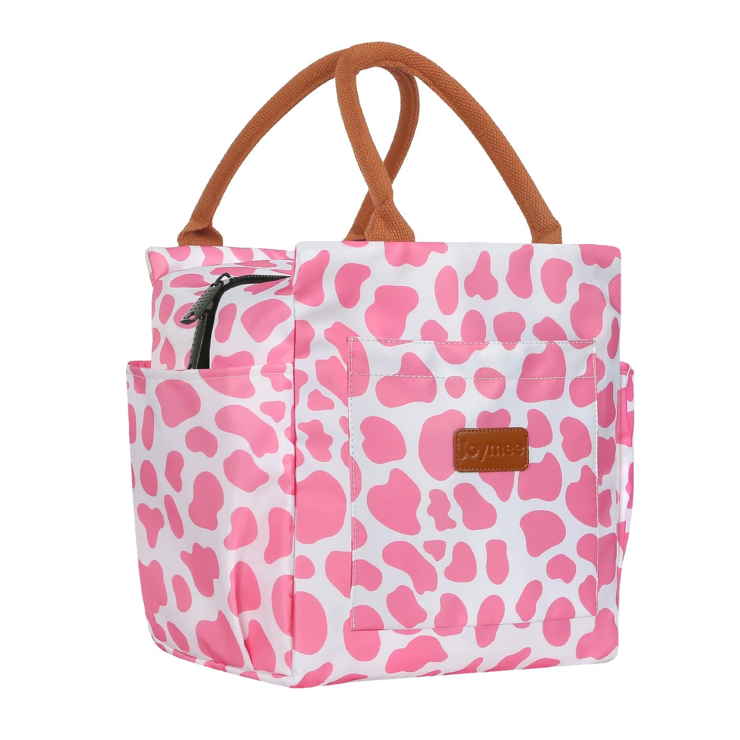 Joymee Lunch Bag Women Insulated Lunch Box Reusable Leakproof Large Spacious Cooler Tote for Womens Mens Adults with Bottle Holder and Side Pockets for Work Office Travel Picnic - Pink Cow