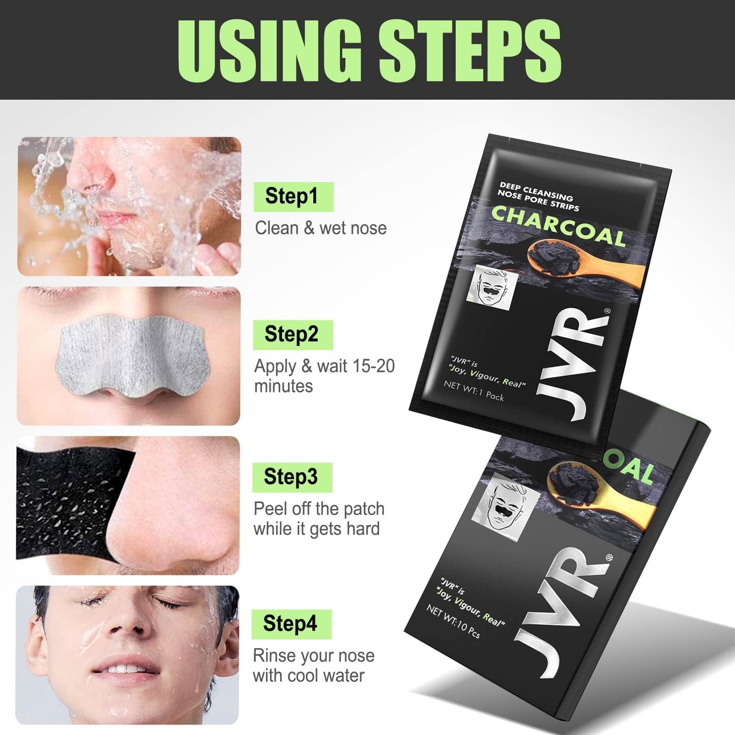 JVR Nose Strips for Blackhead Removal on Oily Skin, Mighty Deep Cleansing Pore Strips, for Pore Unclogging, 10 Count, Features Charcoal & Witch Hazel, 1.11 Ounce