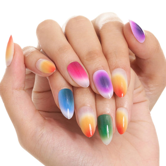 GLAMERMAID Press on Nails Short Almond, Summer Colorful Ombre Juice Glue on Gel Nails, Short Stiletto Acrylic False Nails Kits Reusable UV Finish Full Cover Stick on Nails for Women Gift