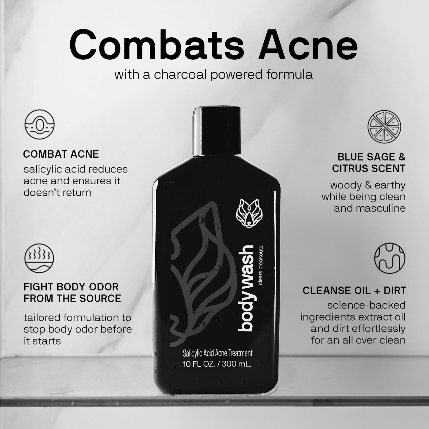 Black Wolf Charcoal Powder Body Wash for Men- 10 Fl Oz, 2 Pack- Charcoal Powder and Salicylic Acid Reduce Acne Breakouts and Cleanse Your Skin- Rich Lather for Full Coverage and Deep Clean