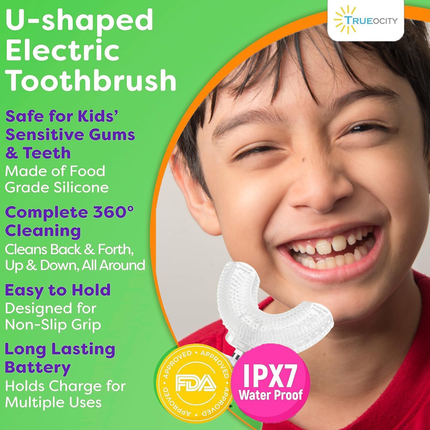 Trueocity Kids Toothbrushes U Shape, Kids Automatic Toothbrush, Toddler Toothbrush U Shaped, U Toothbrush Kids, Auto Toothbrush, Rechargeable Electric Brush Age 2+, Children's Toothbrush (Dinosaur)