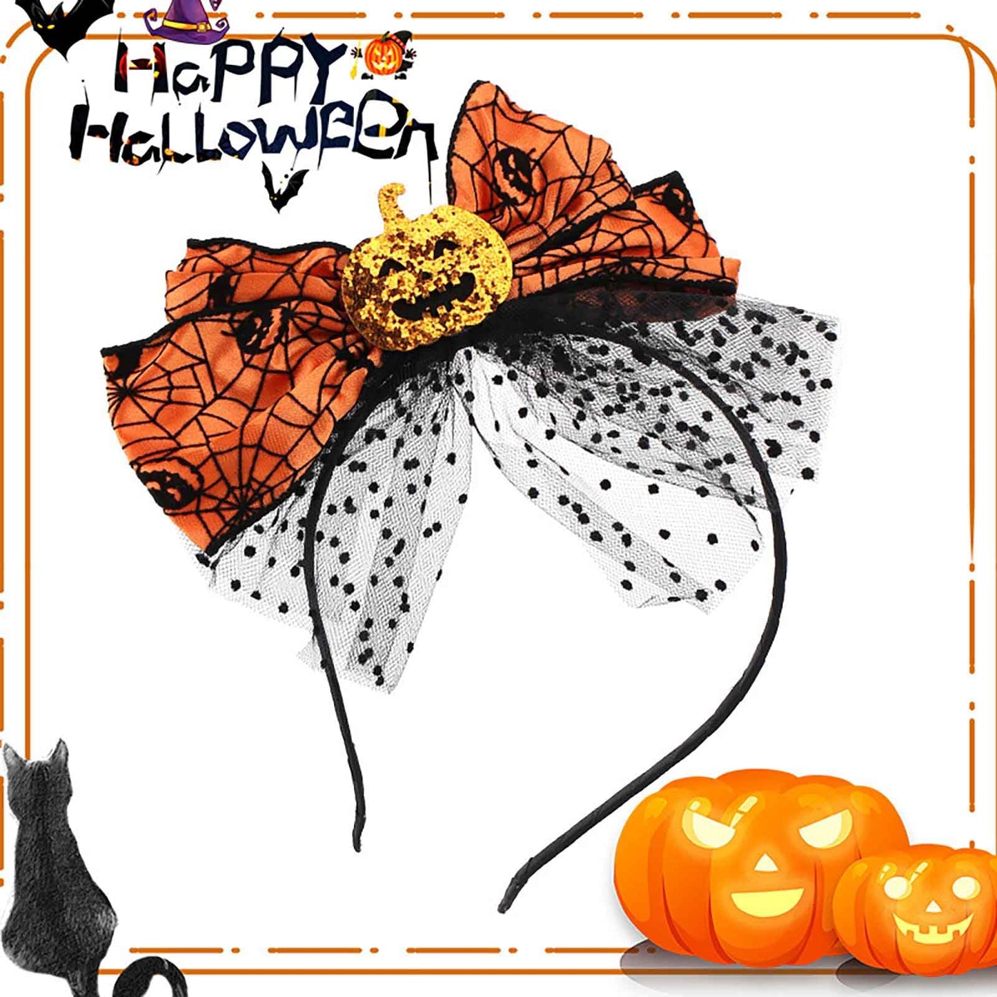 Olbye Halloween Bow Hairband Pumpkin Headbands with Bows Black Headband Spider Web Hair Bow Hair Hoop Cosplay Costume Party Decorations Halloween Hair Accessories for Women Girls (Pumpkin Bows A)