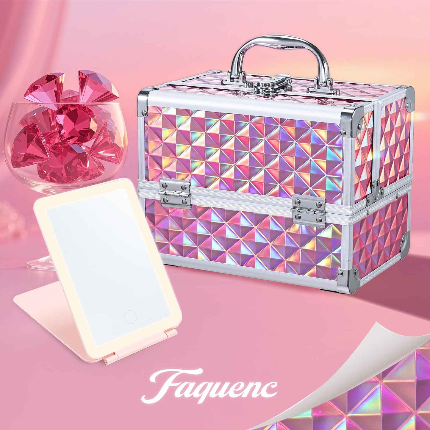 Faquenc Makeup Case with Lighted Mirror Travel Makeup Organizer Box 2 Trays Lockable Cosmetic Train Case with Movable LED Mirror for Girls Make Up Nail Kits Sewing Vanity Storage Case Shiny Pink