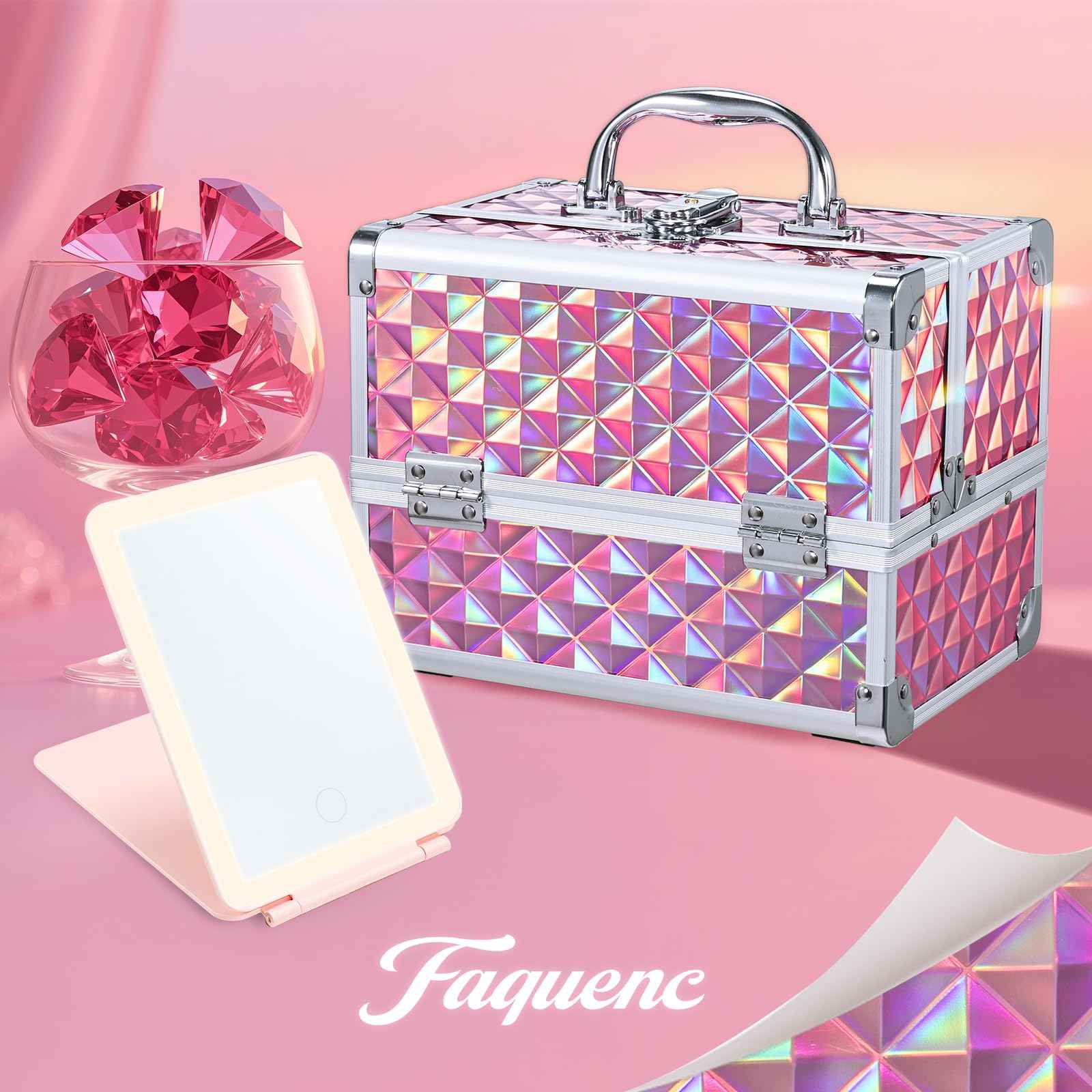 Faquenc Makeup Case with Lighted Mirror Travel Makeup Organizer Box 2 Trays Lockable Cosmetic Train Case with Movable LED Mirror for Girls Make Up Nail Kits Sewing Vanity Storage Case Shiny Pink