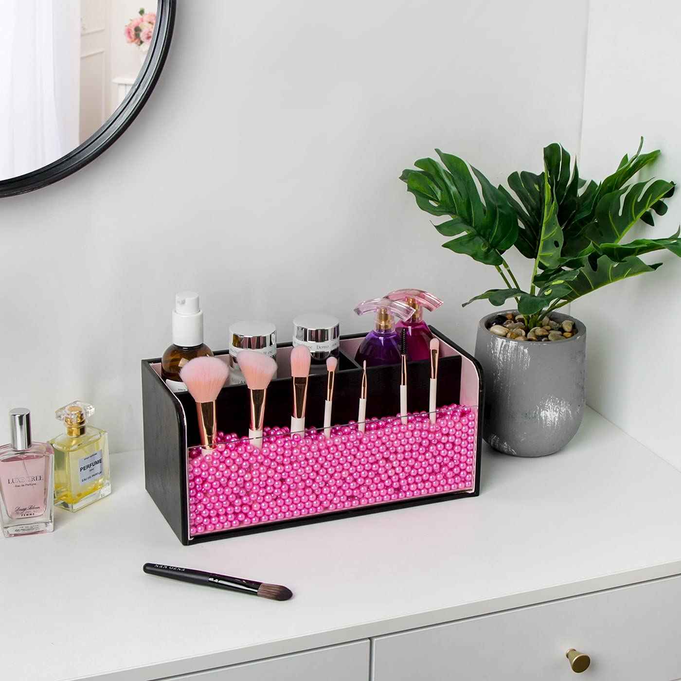 J JACKCUBE DESIGN JackCubeDesign Makeup Organizer with Pink Pearls, Black Cosmetic Storage Case Box with Brush Holder, Large Capacity with 3 Compartments (Black, 11.8 x 4.9 x 5.3 inches)-:MK284A