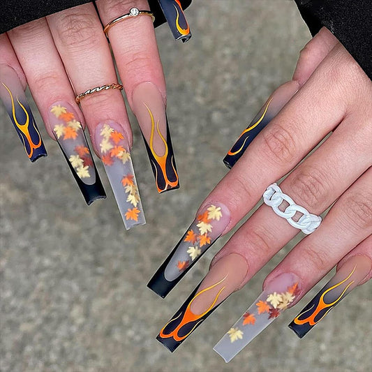 Autumn Press on Nails Long Coffin False Nails Thanksgiving Black French Tips Gradient Fake Nails with Orange Flame Maple Leaves Designs Art Manicure Fall for Women and Girls 24 PCS