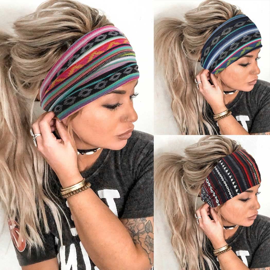 GORTIN Boho Headbands Blue Extre Wide Headband Stretch Turban Hair Bans Yaga Knotted Headwraps Twist Workout Head Hands for Women and Girls Pack of 3 (Headbands A)