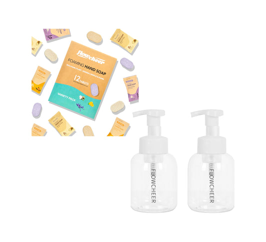 flowcheer Foaming Hand Soap Tablet Refills+ Pump Bottle Dispenser 12 OZ/350 ML Refillable with 12 Pack Variety Fragrance Soap Refills Tablet