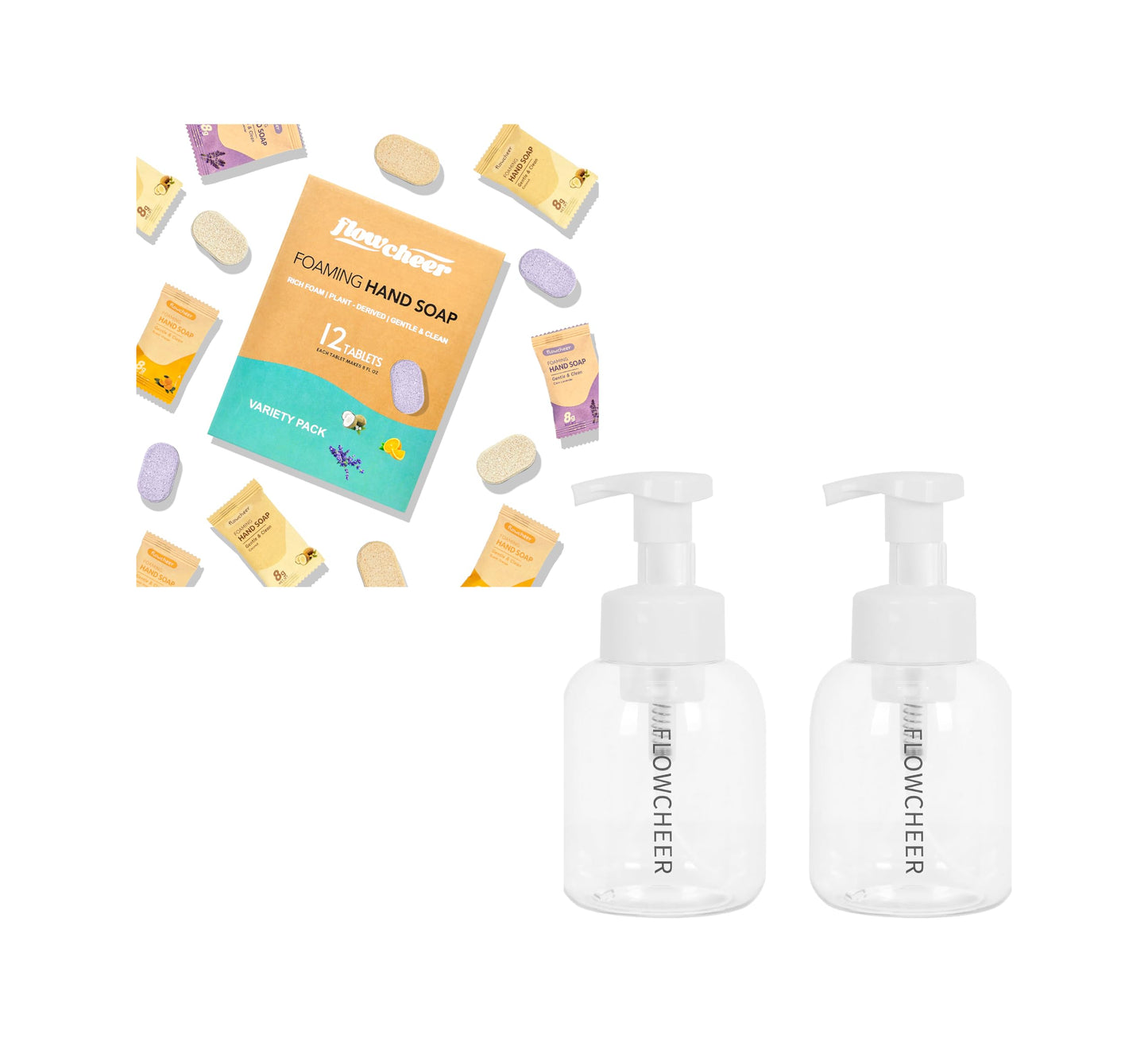 flowcheer Foaming Hand Soap Tablet Refills+ Pump Bottle Dispenser 12 OZ/350 ML Refillable with 12 Pack Variety Fragrance Soap Refills Tablet