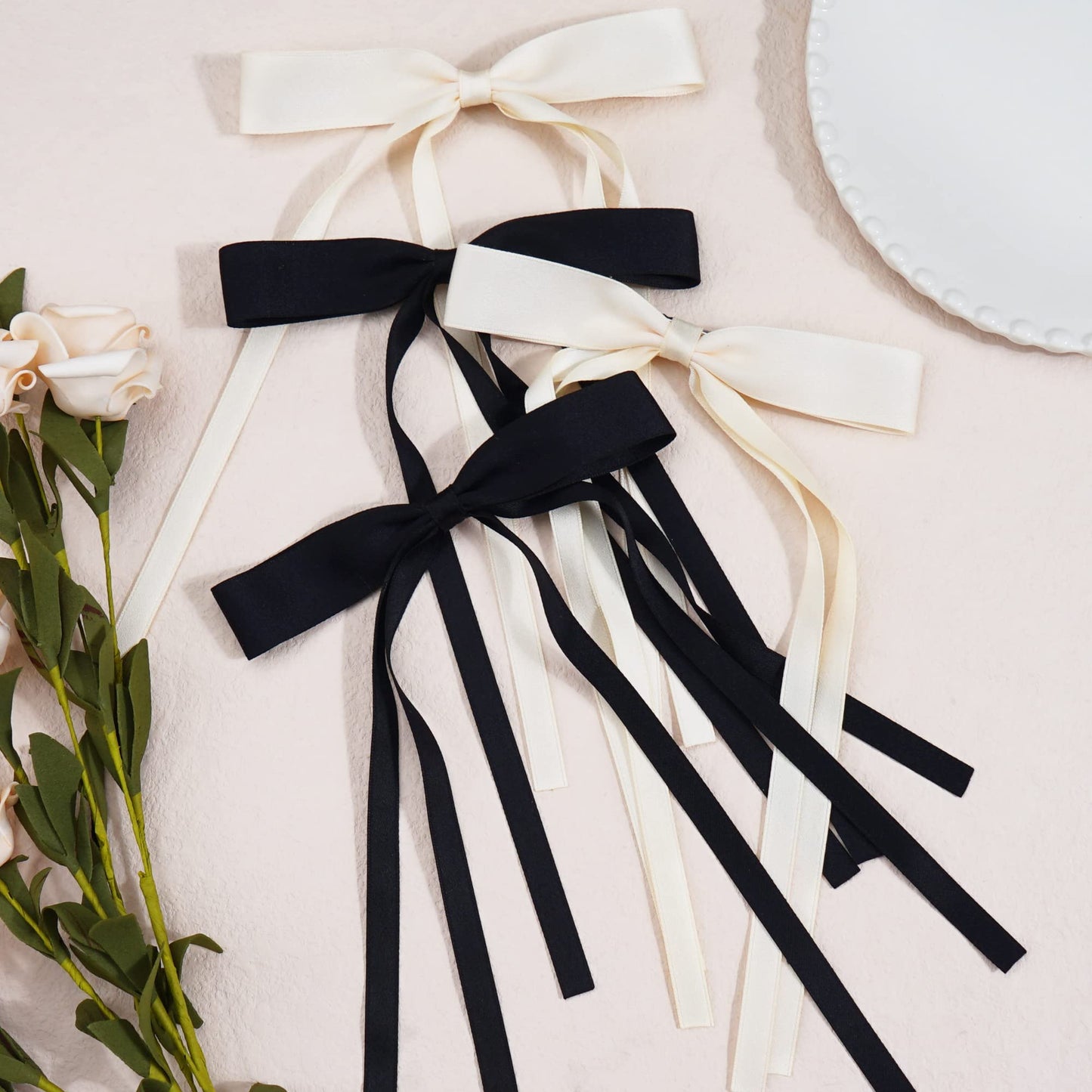 Ayesha Hair Clips 4pcs Hair Bows with Ribbon Tails for Women Girls Black Cream Satin Bow Claw Clips