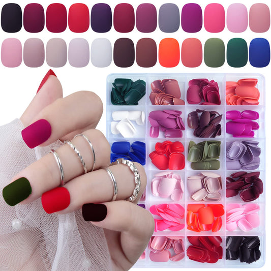 LoveOurHome 576pc Matte Press on Nails Short Round Square Fake Nails Full Cover Acrylic Nails Press ons Nail XS Short Sqroval False Nails Kit Presson Artificial Fingernails for Women Girls Kids