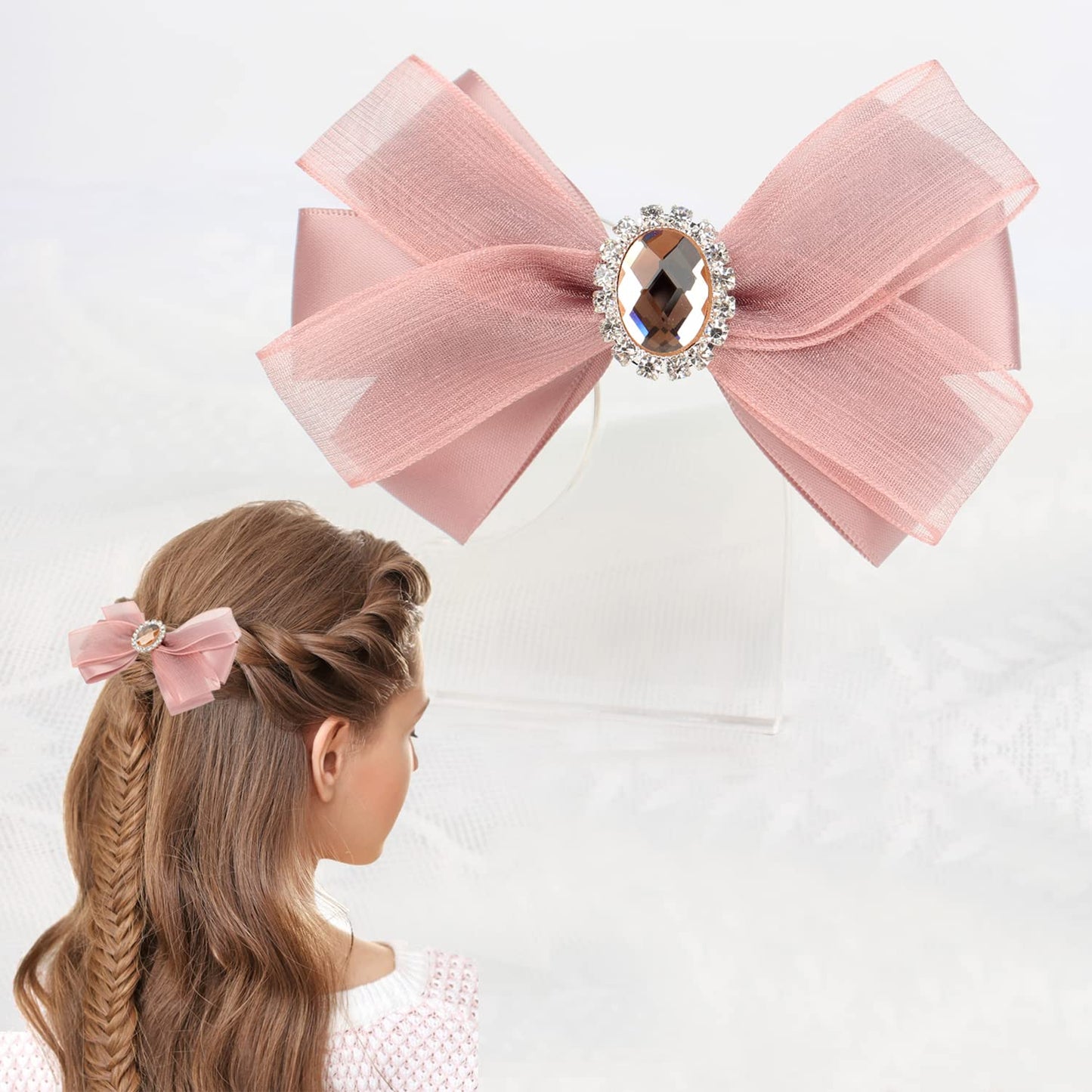 Hair Bows for Women dark pink Bow Clips embellished with Rhinestones and Yarn beautiful and elegant Satin Barrette for Ladies (dark pink)