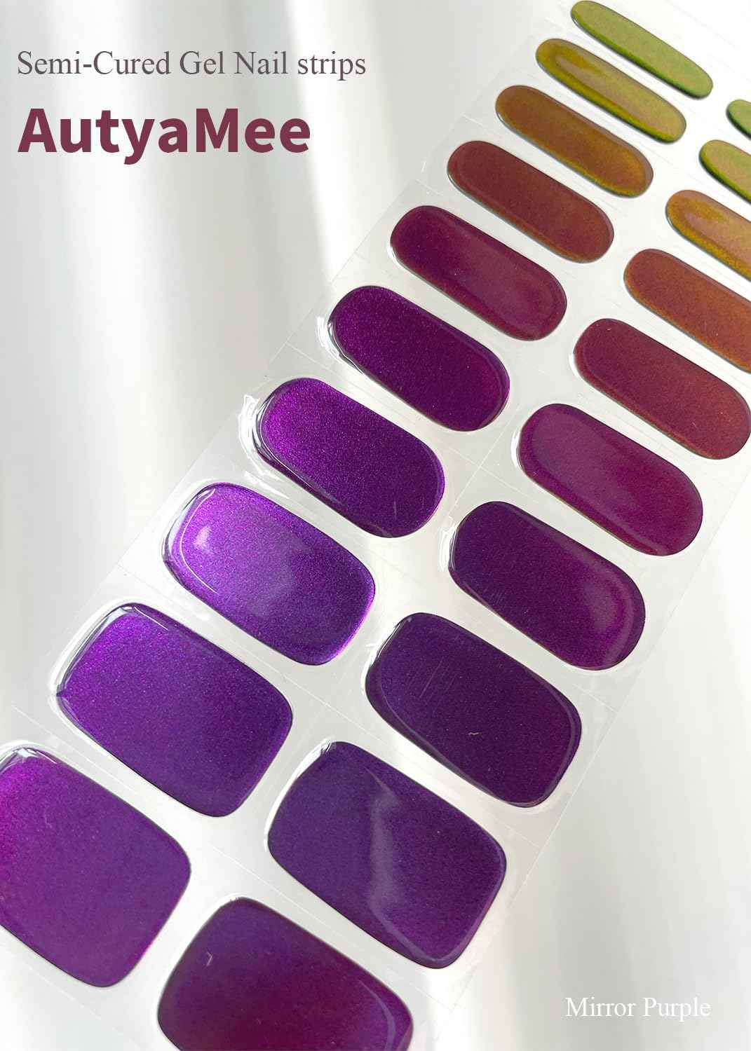 AutyaMee Semi Cured Gel Nail Strips (Mirror Purple), Chameleon, 20 Pcs Gel Nail Wraps, Stickers, Salon Quality, Long Lasting, Works with Any UV Lamps