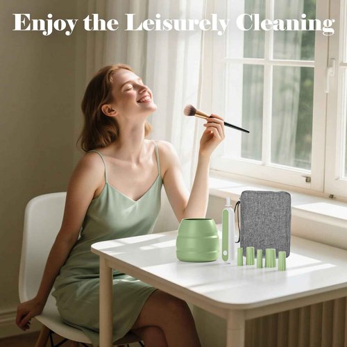 Electric Makeup Brush Cleaner Machine -15000RPM Fast Deep Cleaning and Dry Make Up Brushes Efficient Cleaning with Storage Cas, Portable Spinning Washer, Gift for Women-Green