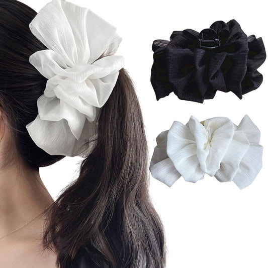 papasgix Chiffon Silk Hair Accessories: Large Fabric Floral Bows, Plastic Claw Clips for Women and Girls (2, White+Black)