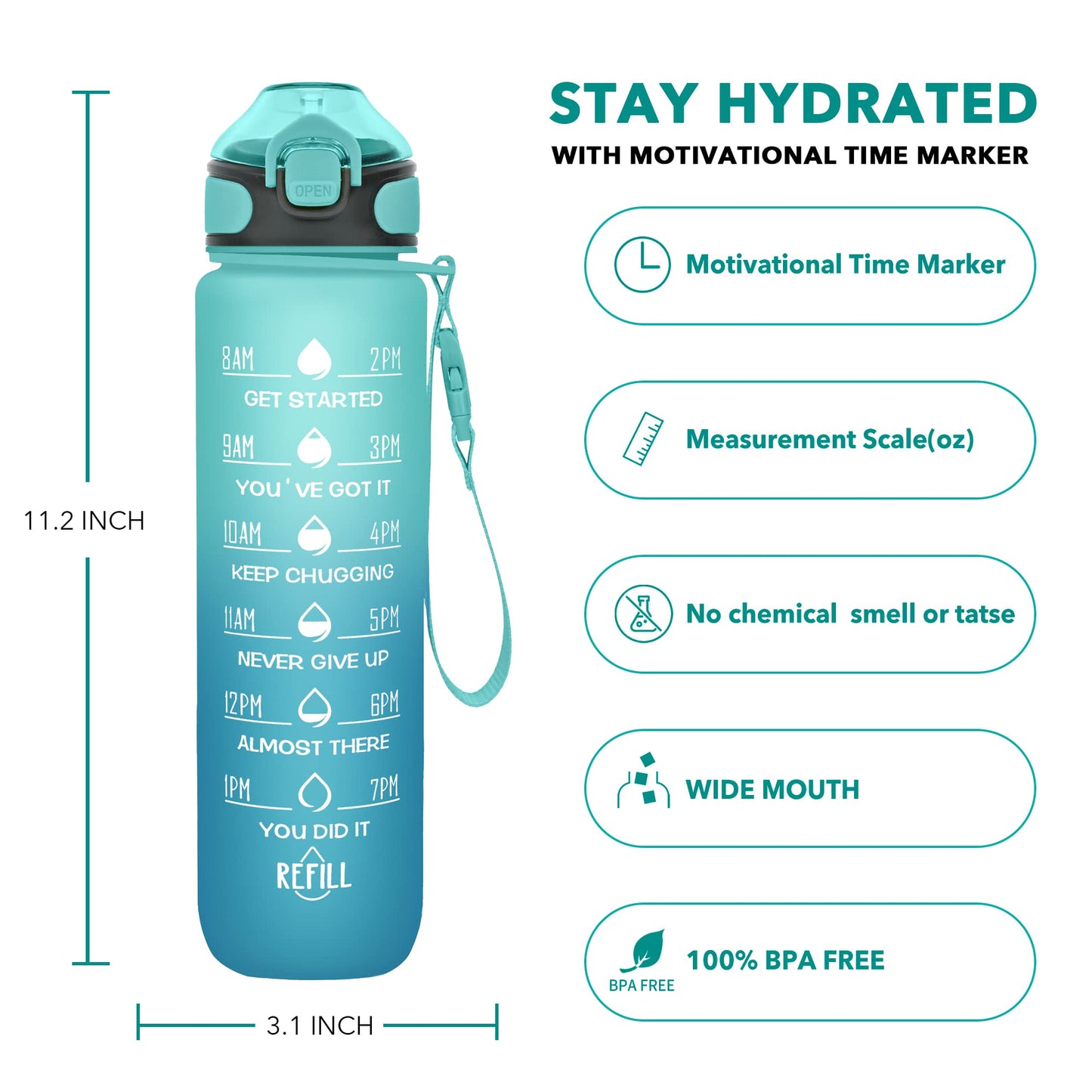 Enerbone 32 oz Drinking Water Bottle with Times to Drink and Straw, Motivational with Carrying Strap, Leakproof BPA & Toxic Free, Ensure You Drink Enough Water for Fitness Gym Outdoor