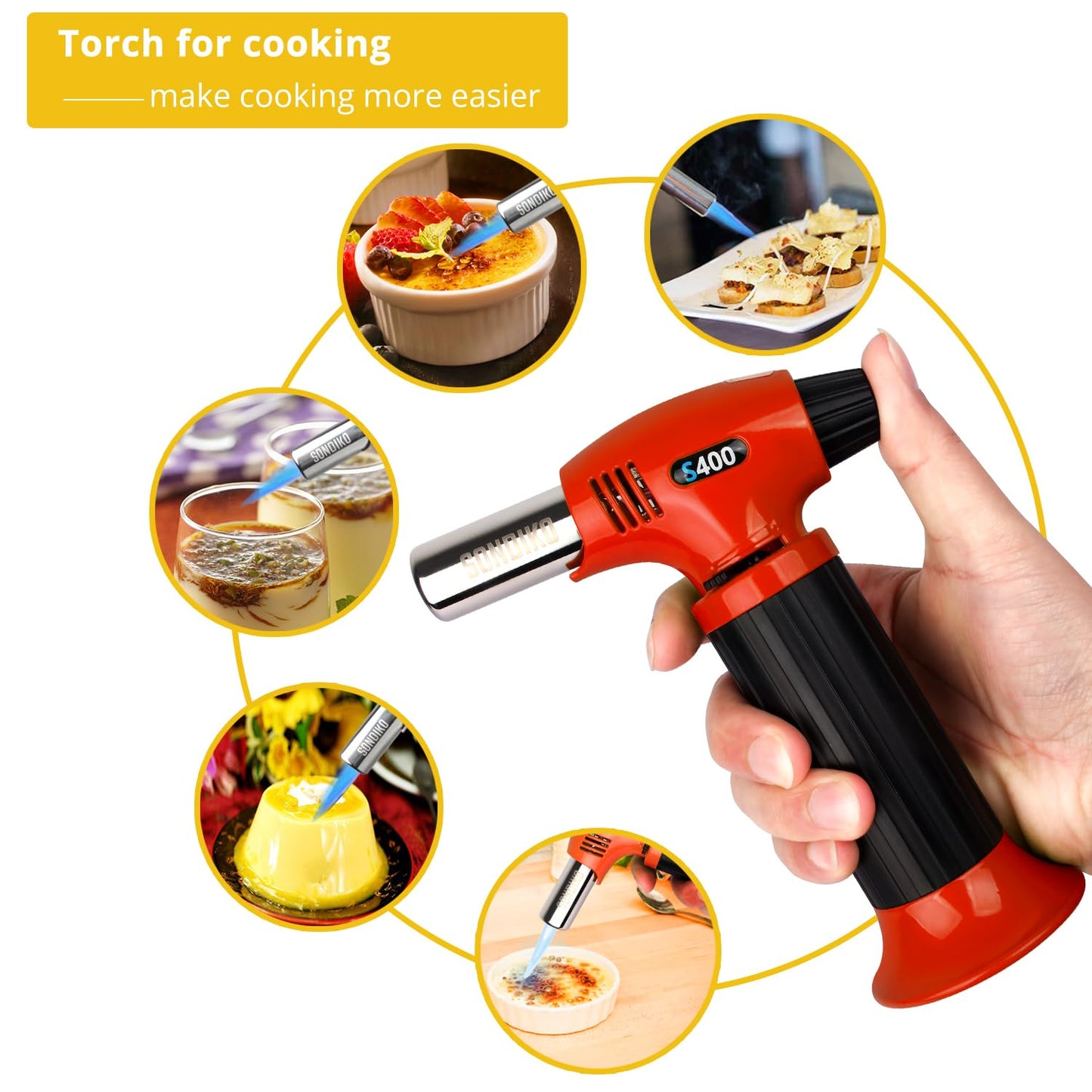 Sondiko S400 Butane Torch, Refillable Kitchen Lighter, Orange & Black, Fits All Butane Tanks, Adjustable Flame for Creme Brulee & Baking—Butane Gas Is Not Included