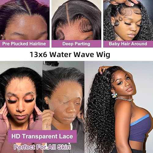 Caijuxing 34 Inch Water Wave Lace Front Wigs Human Hair 200 Density 13x6 HD Lace Front Wigs for Women Pre Plucked Glueless Deep Curly Human Hair Wig Natural Black (34 Inch)