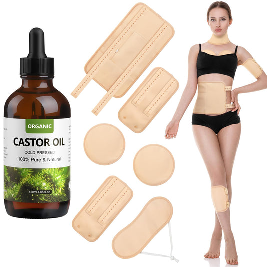 Castor Oil Cold Pressed Organic 4.05OZ/120ML, 6pcs Castor Oil Pack Wrap Organic Cotton, Organic Cold Pressed Castor Oil Unrefined in Glass Bottle,Reusable Castor Oil Packs for Liver Detox (Khaki)