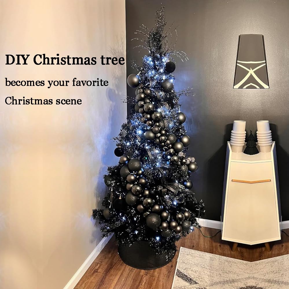 7.5ft Black Christmas Tree Artificial Christmas Tree Halloween Tree Decorations with 1,450 Tips-1pcs Treetop Star 3 Set 300 Led String Lights, Pencil Christmas Tree Indoor Holiday Party Decorations