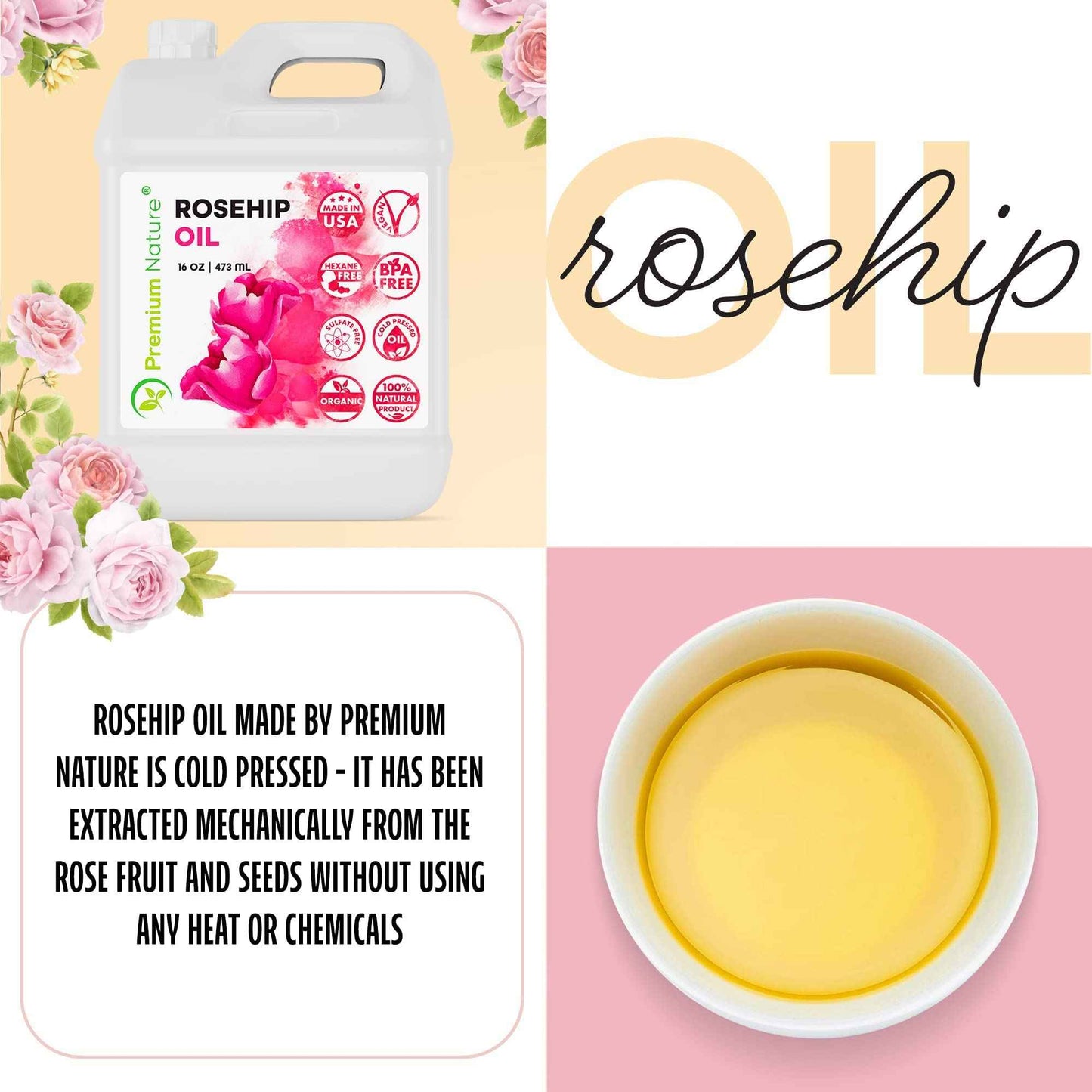 Rosehip Oil for Skin Face Body Hair Nails 16oz Cold Pressed Unrefined Rose Hip Seed Oils Moisturizing Facial Oils Bulk Aceite Rosa Mosqueta Puro 100 Organico Rose Oil For Face Oil For Dry Skin