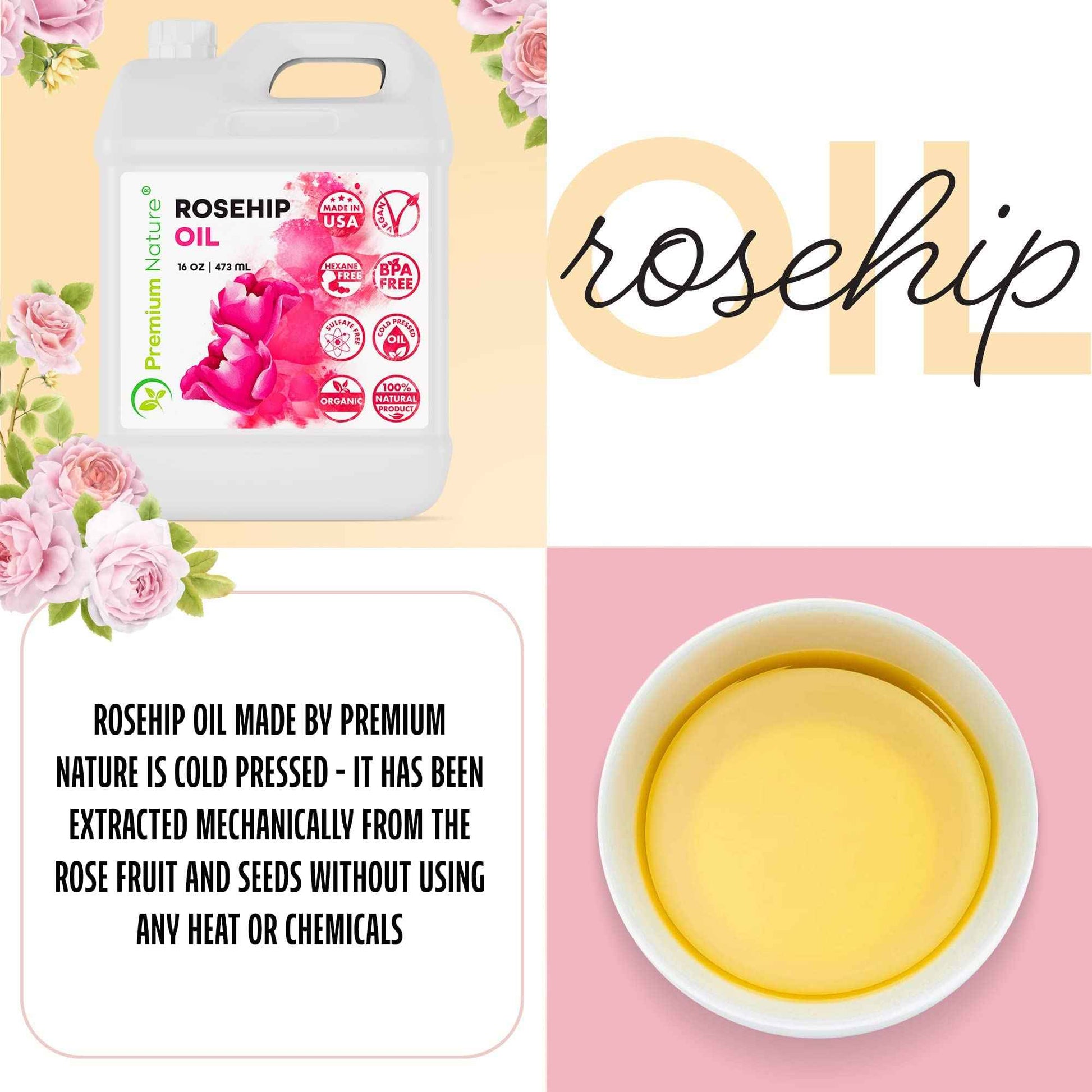 Rosehip Oil for Skin Face Body Hair Nails 16oz Cold Pressed Unrefined Rose Hip Seed Oils Moisturizing Facial Oils Bulk Aceite Rosa Mosqueta Puro 100 Organico Rose Oil For Face Oil For Dry Skin
