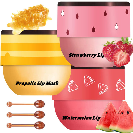 3 Pcs Bee Lip Balm Honey Pot, Honey Strawberry Watermelon Lip Mask Overnight, Moisturizing Sleeping Lip Mask, Hydrate Repair Prevent Dry Cracked Lip Care (Honey+Strawberry+Watermelon)