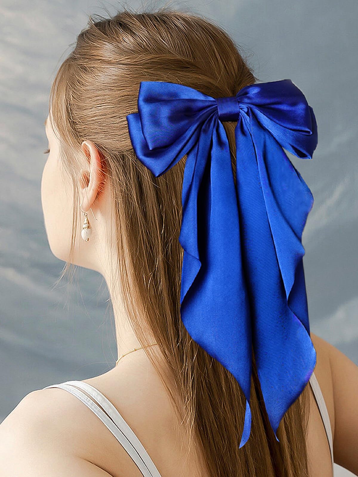 Furling Pompoms Hair Bows for Women - Pack of 2 Royal Blue Hair Bow Clips for Girls Satin Big Bows Long Tail Alligator Clip Ribbon Hair Barrette Hair Accessories for Bridal Bachelorette Party