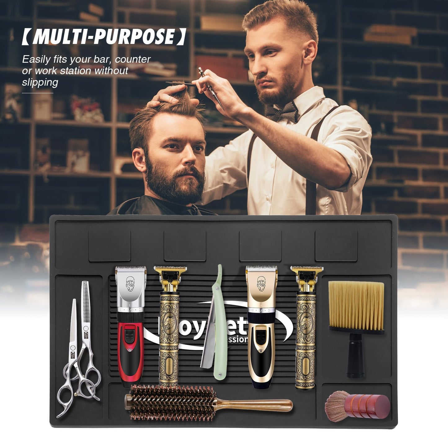 MoyRetty Magnetic Barber Organizer Mat for Clippers(17.7'' x 11.8'') - Professional Anti-Slip Heat Resistant Silicone Pad with Salon Station Accessories for Hair Stylist Clippers Supplies (Black)